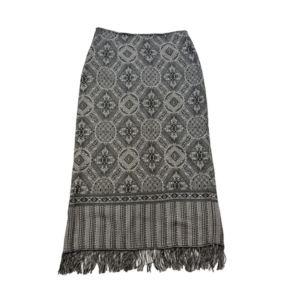 Intriguing Threads Boho Fringe Midi Skirt Black White Tribal Print Festival 6